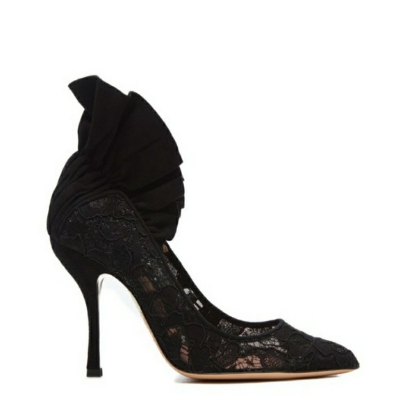 Dahlia Selva Frills For All Pointed Toe Pumps Heel Black Lace Suede Cocktail 37